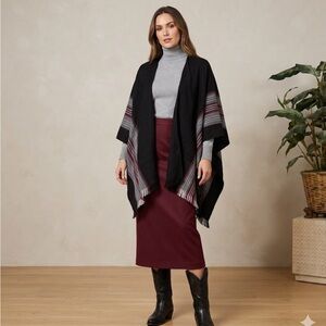 NWT Time & Tru Southwestern Striped Fringed Serape Poncho Shawl Red Black Gray